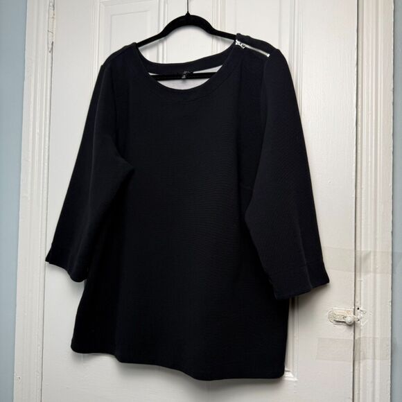Talbots Blouse Womens 2X Black Ribbed 3/4 Sleeve Crew Neck Top Preppy Plus - Picture 1 of 7